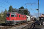 SBB/BLS: Am 14. August 2014 brachte die Re 6/6 11 637  Sonceboz-Sombeval  einen langen Güterzug mit gemischter Last zum Stahlwerk Gerlafingen. Die Aufnahme entstand bei der Einfahrt in den BLS-Bahnhof Gerlafingen.
Foto: Walter Ruetsch