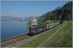 Die SBB Re 620 061-2  Gampel Steg  mit einem Güterzug auf der Fahrt in Richtung Wallis kurz vor Villeneuve; im Hintergrund ist das Château de Chillon zu sehen. 

22. April 2020