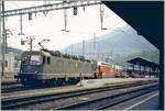 In Brig erhält eine SBB Re 460 mit einem DB EC Richtung Lötschberg Vorspann von der SBB Re 6/6 116641  Gampel Steg .

Analogbild vom Oktober 2001