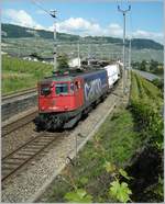 Die SBB Ae 610 500-1 besser bekannt unter der Bezeichnung Ae 6/6, ist mit einem Güterzug bei Cully unterwegs.