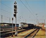 Eine SBB Ae 6/6 erreicht mit einem Güterzug Basel Bad.