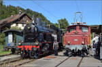 150 Jahre Tösstalbahn.

Kleine Szene vor drei Zügen in Bäretswil Ee 3/3 16363 und Eb 3/5 9 im Bild und dem Gegenzug mit Ed 3/3 401 in Bäretswil. September 2025.