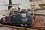 Die SBB Ae 6/6 11480  Montreux  fährt mit einem Güterzug in Rivaz durch.

April 1995