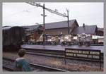 Schrecklich viel Post am Bahnhof Lyss. Links im Bild der Gepäckwagen des Zuges nach Solothurn via Büren an der Aare. Hinten Rangierlok Ee3/3 16336. 6.April 1994