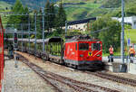 Die letzte, die Tunnellokomotive MGB Ge 4/4 III - 81 „Wallis“ der Matterhorn-Gotthard-Bahn ex FO MGB Ge 4/4 III - 81, steht am 07.09.2021mit einem Furka-Autoverladezug beim Bahnhof Realp
