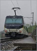 Die MOB Ge 4/4 8004 schiebt ihren Panoramic Express auf der Fahrt nach Zweisimmen über die  Brücke über die A9 bei Châtelard VD.
