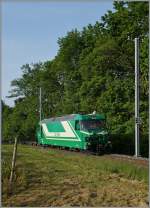 Der  Lokzug  wird erst beim zweiten Blick zu einem  Güterzug : die BAM Ge 4/4 22 zieht bei Chigny einige Rollböck hinter sich her.