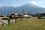 Jubilum,125 Jahre RhB.Museumslok Ge6/6 I Nr.415(Krokodil)und Ge4/6 Nr.353 mit einem Pullmanzug bei Igis.17.07.14