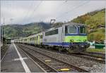 Die BLS Re 4/4 II 501 (ex SBB) mit einem RE bestehend aus EW III (ex Swiss Express) nach Spiez beim Halt in Boltigen.