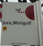 (132'712) - tpf-Haltestellenschild - Fribourg, Jura, Minigolg - am 7.