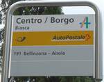 (206'215) - PostAuto-Haltestellenschild - Biasca, Centro/Borgo - am 9.