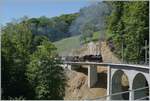 Die SEG G 2x2/2 105 der Blonay Chamby Bahn mit ihrem Dampfzug auf dem Weg von Blonay nach Chamby und erreicht den frisch sanierten Baye de Clarens Viaduktes. Der westliche Teil (gleich unter der Lok) des Viaduktes wurde neu erstellt und wird in Zukunft den ständigen Bergdruck (bzw. die Bewegung) Richtung Baye de Clarens Schlucht aufnehmen können. 

18. Mai 2025 