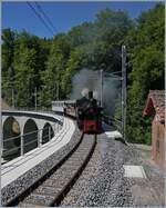 Bei Vers-Chez Robert dampft die SEG G 2x 2/2 105 der Blonay Chamby Bahn  mit ihrem Dampfzug in Richtung Chamby.

18. Mai 2025