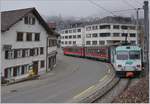 Der Appenzeller Bahn BDeh 4/4 No 14 mit der  Vogel  Werbung bei der Ausfahrt in Teufen.