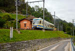 Der FART Gelenk-Triebwagen ABe 4/6 54 „Intragna“  am 02.08.2019  hat seinen Endbahnhof  Camedo erreicht, und steht nun wieder zur Rckfahrt nach Locarno bereit.
