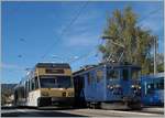 Wahrend der CEV MVR GTW 2/6  Blonay  auf die Abfahrt nach Vevey wartet, steht eine MOB BDe 4/4 auf dem Nebengleis.