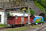 Der zweiachsige gedeckte Gterwagen CEV Gk 36, ex K 36, der Chemins de fer lectriques Veveysans (heute MVR - Transports Montreux–Vevey–Riviera) ist am 26.05.2012 beim Bahnhof Vevey