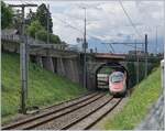 Ein SBB RABe 503 als EC von Milano nach Genève verlässt den Bahnhof von Villeneuve. 

24. Juli 2020