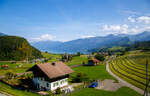 Blick aus unserem Zug auf Lötschberglinie am 08 September 2021 bei Faulensee auf die BLS-Strecke TSB - Thunerseebahn (Thun–Spiez–Interlaken Ost-BLS Werkstätte Bönigen) im