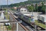Von Stanort und Licht nicht ideal, doch da nicht alltäglich, trotzdem ein Bild der beiden BLS Re 475 014 und 013, die mit einem Güterzug in Läufelfingen Richtung Basel fahren.