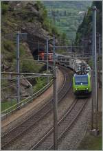 Die BLS Re 485 008 verlässt mit ihrem Güterzug den Dazio Tunnel und erreicht Rodi-Fieso.