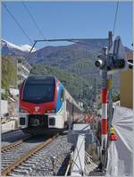 Am Schluss des S20 von Locarno nach Castione Arbedo läuft der SBB TILO RABe 524 311, bei der Durchfahrt im künftigen Bahnhof von Minusio.