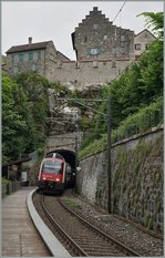 Der RABe 514 024-9 ist von Thayngen nach Zug unterwegs und fährt ohne Halt in Schloss Laufen am Rheinfall durch.