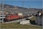 Die SBB Re 4/4 II 11285 (Re 420 285-9) ist mit einem Güterzug in Cully unterwegs und passt einigermassen zwischen die Fahrleitungsmasten.