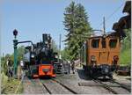 Die allein fahrende Bernina Bahn Ge 4/4 81 der Blonay-Chamby Bahn begegnet bei der Einfahrt in Chaulin der SEG G 2x 2/2 105 der B-C. 

29. Mai 2023