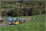  La DER de la Saison  - Die Bernina Bahn RhB Ge 4/4 81 der Blonay-Chamby Bahn ist mit ihrem  Bernina Express  kurz nach Cornaux auf dem Weg nach Blonay. Eindrücklich die Grossbaustelle für die Restauration des Baye de Clarens Viaduktes. 

28. Okt. 2023
