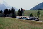 Zwischen Gstaad und Schönried ist ein BDe 4/4 der Serie 3005-3006 im Mai 1981 unterwegs