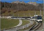 ie MOB Ge 4/4 8001 mit dem MOB Panroamic Express 2118 von Montreux nach Zweisimmen bei der Durchfahrt in Les Sciernes.