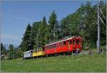 Ein kleiner Zug auf grosser Fahrt: Der RhB Bernina Bahn ABe 4/4 I N° 35 der Blonay Chamby Bahn ist mit dem Bernina Bahn As2 und dem MOB B4 N° 61 (beide auch Blonay-Chamby) als  Valrose