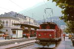 140-brig-visp-zermatt/546616/hge-44-i-11-der-brig-visp-zermatt-bahn HGe 4/4 I 11 der Brig-Visp-Zermatt-Bahn im Mai 1980 im Bahnhof Brig