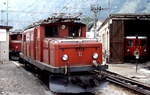 140-brig-visp-zermatt/546617/hge-44-i-11-der-brig-visp-zermatt-bahn HGe 4/4 I 11 der Brig-Visp-Zermatt-Bahn im Mai 1980 im Depot Brig
