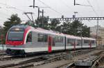 TRAVYS: Der neue Zug von Stadler Rail bestehend aus Be 4/4 3001 +AB 3031 + Be 4/4 3002 auf einer Probefahrt bei Yverdon les Bains am 12.