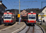 502-waldenburg-8211-liestal/549203/wbblt-planmaessige-zugskreuzung-mit-den-bde WB/BLT: Planmässige Zugskreuzung mit den BDe 4/4 15 und 13 in Hölstein am 1. April 2017.
Hier handelt es sich um die einzige Privatbahn der Schweiz mit einer Spurweite von nur 750 mm was sich bald ändern wird. Nach dem neuen Konzept sollen sogar die Züge selbstfahrend und ohne Lokomotivführer verkehren.  
Foto: Walter Ruetsch