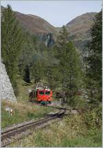 Die MGB HGm 4/4 61 der DFB ist kurz vor Oberwald auf Talfahrt.