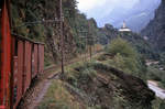 Auf der einstigen RhB-Strecke Bellinzona-Mesocco, 14.September 1970: Hinter dem Triebwagen folgen die Güterwagen mit den Kühen drin.