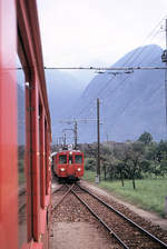 Auf der einstigen RhB-Strecke Bellinzona-Mesocco, 14.September 1970: In S.Vittore kreuzt ein Güterzug mit Triebwagen 453.
