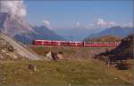 Nur noch 10 Höhenmeter, dann ist der Bernina Express mit ABe 8/12 3514  Steivan Brunies  oben. Die Höhe des Lago Bianco ist schon erreicht. Bernina, August 2015.