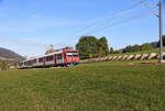 Die Strecke ins Vallée de Joux, oberhalb Le Day: Der Domino-Zug 560 384 im Abstieg, wieder mit der langen Panzersperre.