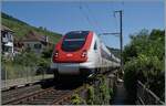 Auf dem letzten verblieben (kurzen) Einspurabschnitt der Strecke lausanne - Biel/Bienne zwischen Twann und Ligerz beim ehemalienge Bahnhof von Ligerz ist ein SBB RBDe 500 (ICN) als IC5 auf dem Weg nach Lausanne. 

11. Juli 2025