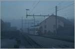 Bei dichtem Nebel und noch in der Morgendämmerung erreicht der TPF Be 4/4 121 mit dem B 207 (ex MOB), B209 (ex MOB) und dem ABt 221 den Bahnhof von Broc Village.