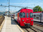   Der Travys Triebwagen Be 4/4 1  Yverdon-les-Bains  ist am 18.05.2018 beim Bahnhof Yverdon-les-Bains abgestellt.