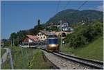 Ein etwas gekürzter MOB GoldenPass Panoramic mit den beiden noch mit der  alten  Kupplung versehenen Steuerwagen bei Planchamp auf der Fahrt Richtung Montreux.