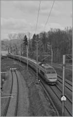 TGV Lyria von Lausanne nach Paris bei Vufflens la Ville am 20.