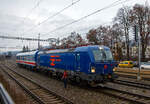 Die SIEMENS Vectron MS (X4E) - 193 901-6 (91 80 6193 901-6 D-SZDC) vom tschechischen Eisenbahninfrastrukturunternehmen Sprva eleznic (SCZ) steht am 24.11.2022, mit dem Gleismesswagen CZ-SZCZ 99 54