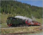 Die DFB (Dampfbahn Furka Bergstrecke) HG 4/4 704 erreicht mit ihrem Dampfzug 133 ihr Ziel Oberwald.