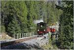 Die DFB (Dampfbahn Furka Bergstrecke) HG 4/4 704 mit ihrem Dampfzug 133 auf dem Weg von Realp nach Oberwald hat Baumgrenze wieder erreicht und wird bald am Ziel in Oberwald ankommen.